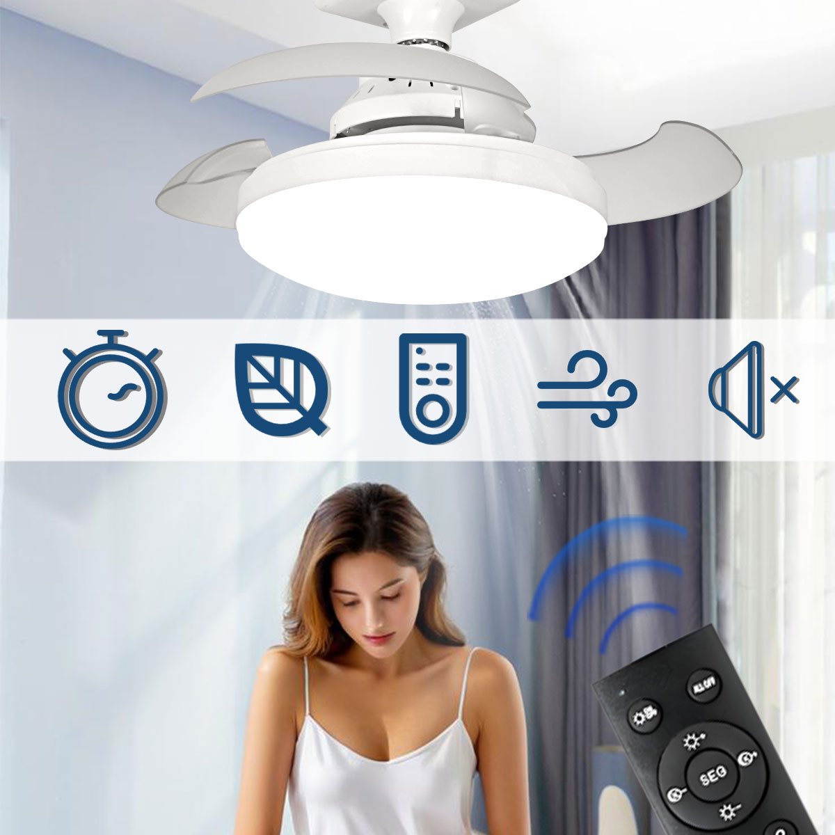 Smart Bathroom Fan - Трехцветный светодиодный потолочный вентилятор E27 с